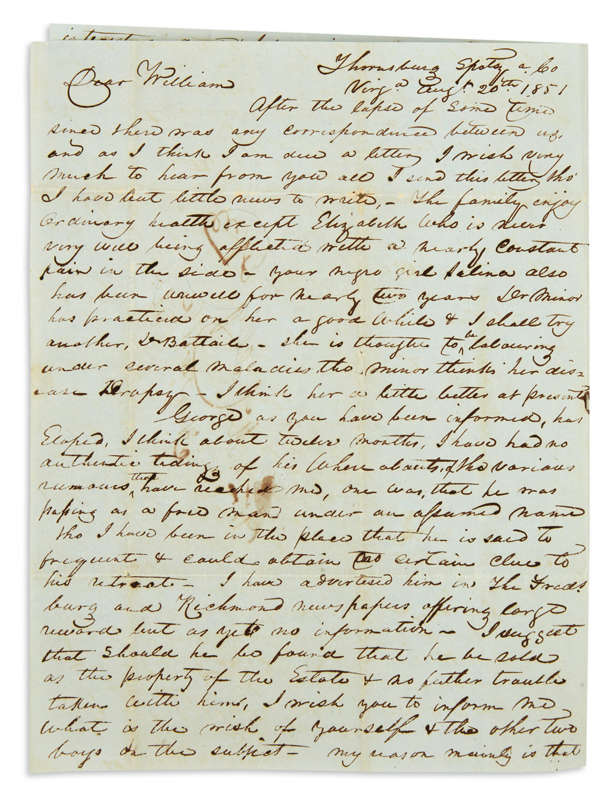 (SLAVERY AND ABOLITION.) McCalley, John W. Letter describing an escaped slave and the circumstances surrounding his flight.